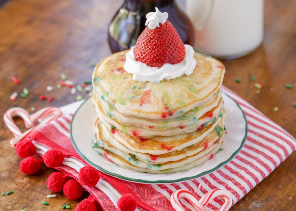 Holiday Breakfast Meals pankakes with red and green sprinkles